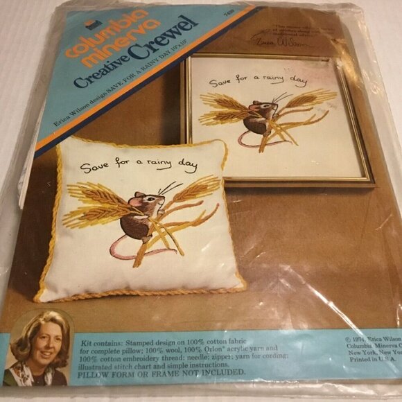 1974 COLUMBIA MINERVA SAVE FOR A RAINY DAY mouse CREWEL EMBROIDERY KIT new - Picture 1 of 6